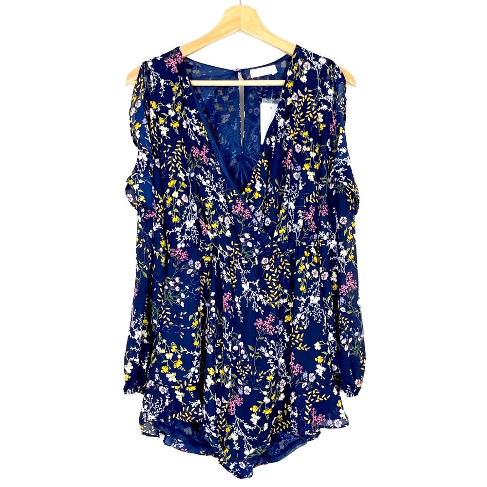 NWT Lush Floral Cold Shoulders Romper Long Sleeveless Navy Sz S